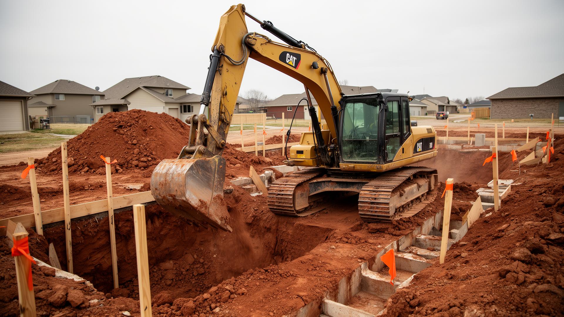 Excavator digging foundation on a Wichita Kansas construction site